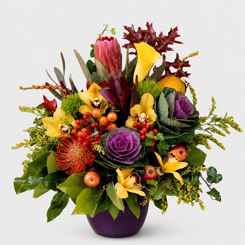Aranjament floral cu cale si orhidee Toamna cu nuante de mov