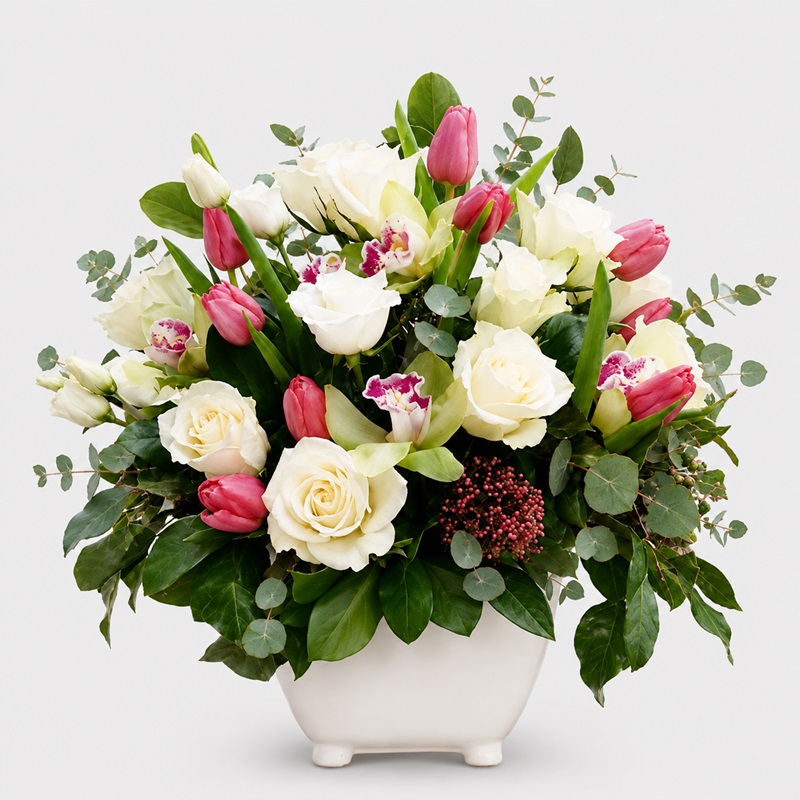 Aranjament cadou cu trandafiri, lalele si orhidee cymbidium