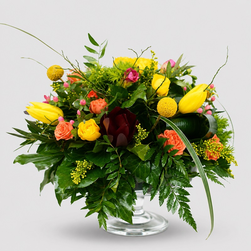 Aranjament floral de masa cu lalele, frezii si craspedia