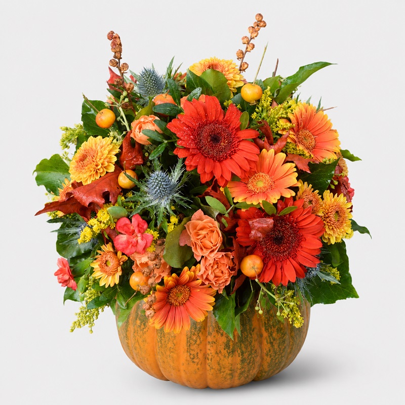 aranjament floral in dovleac cu gerbera si crizanteme