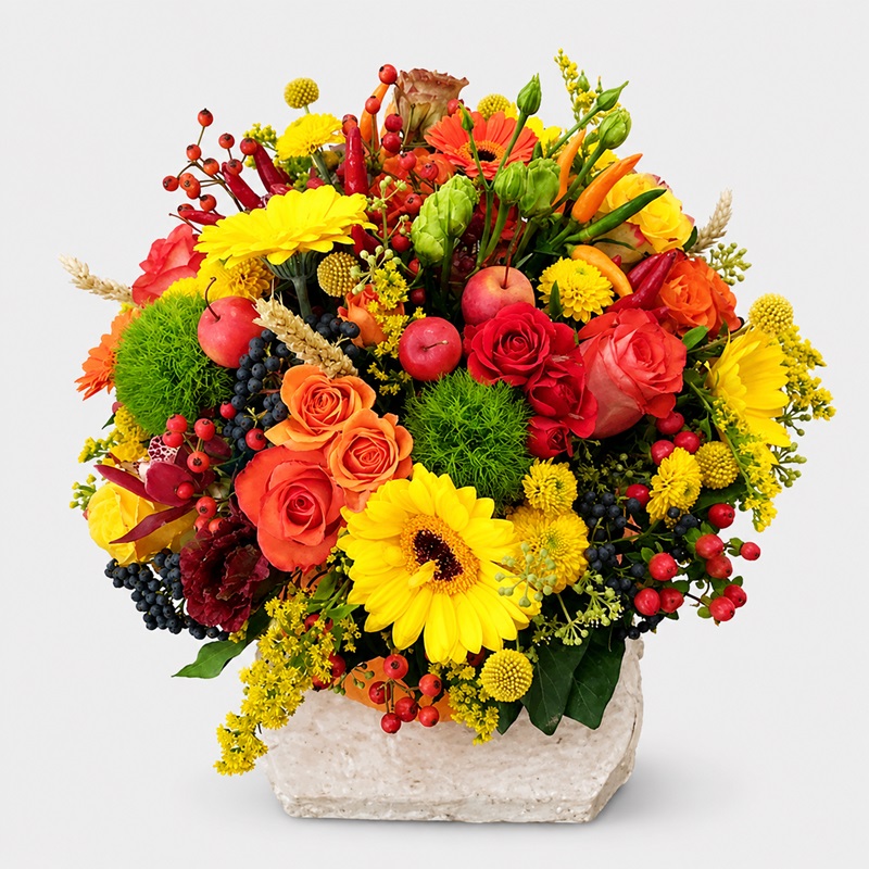 Aranjament floral in dovleac cu flori de toamna