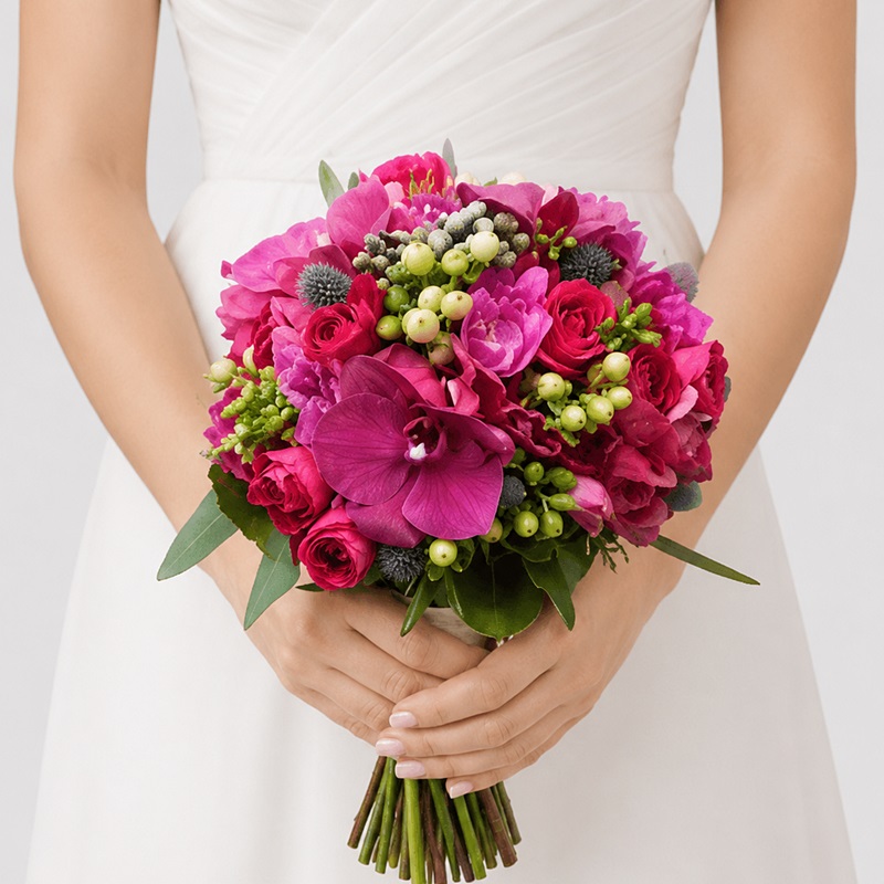 Buchet de mireasa cu orhidee, frezii si miniroze fuchsia