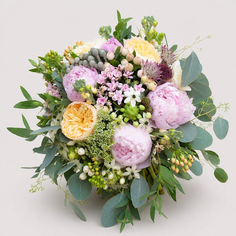Buchet de mireasa cu bujori roz si trandafiri de gradina peach
