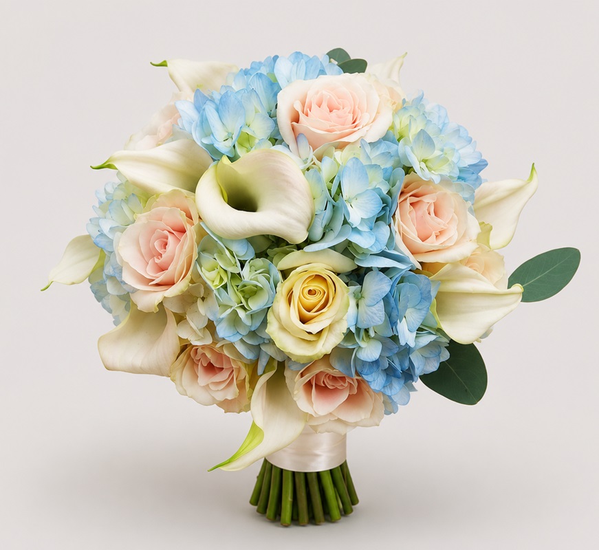 Buchet mireasa cu cale albe trandafiri roz si hortensie bleu
