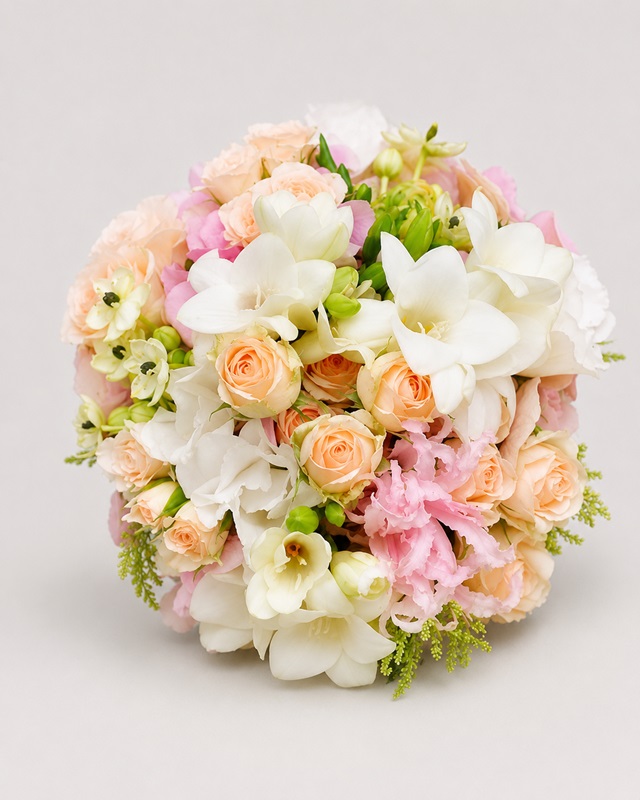 Buchet de mireasa cu frezii albe si miniroze crem