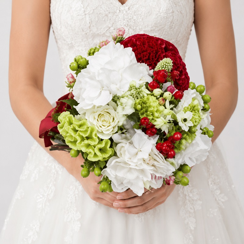 Buchet mireasa cu hortensie alba, celosia si miniroze albe