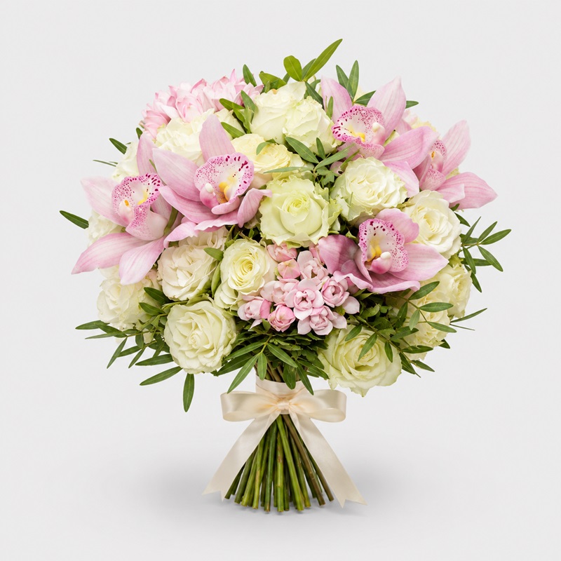 Buchet de mireasa cu orhidee cymbidium miniroze si bouvardia