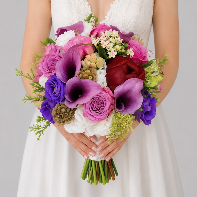 Buchet de mireasă cu cale mov, trandafiri roz și lisianthus