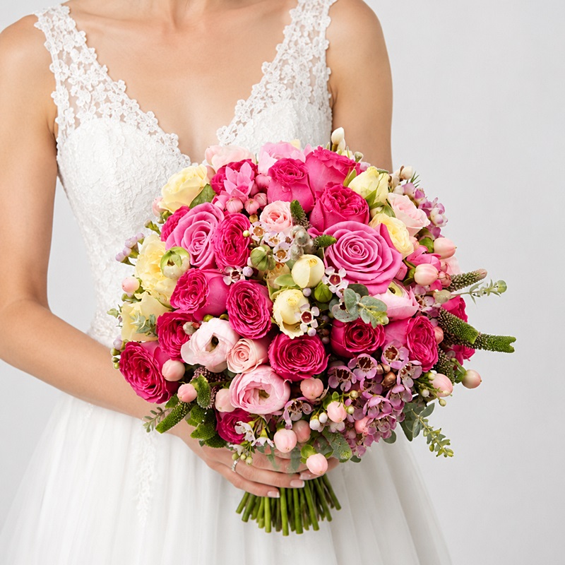 Buchet mireasa cu trandafiri miniroze si ranunculus
