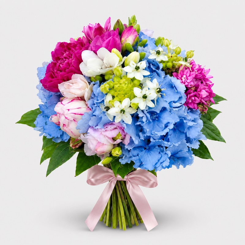 Buchet mireasa/nasa cu hortensii albastre si frezii fuchsia