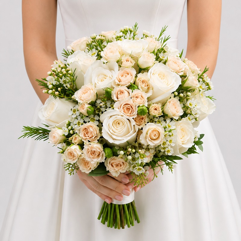 buchet de mireasa pastel cu trandafiri si miniroze crem