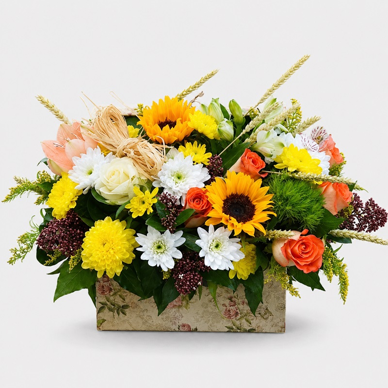 Aranjament cu floarea soarelui si trandafiri Campie cu flori