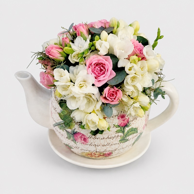 aranjament floral in ceainic cu frezii albe si miniroze roz