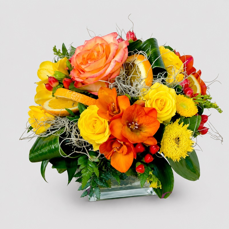 aranjament floral cu frezii si trandafiri