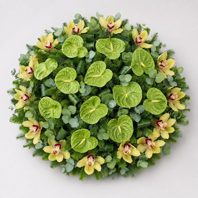 Coroana funerara cu anturium si orhidee cymbidium