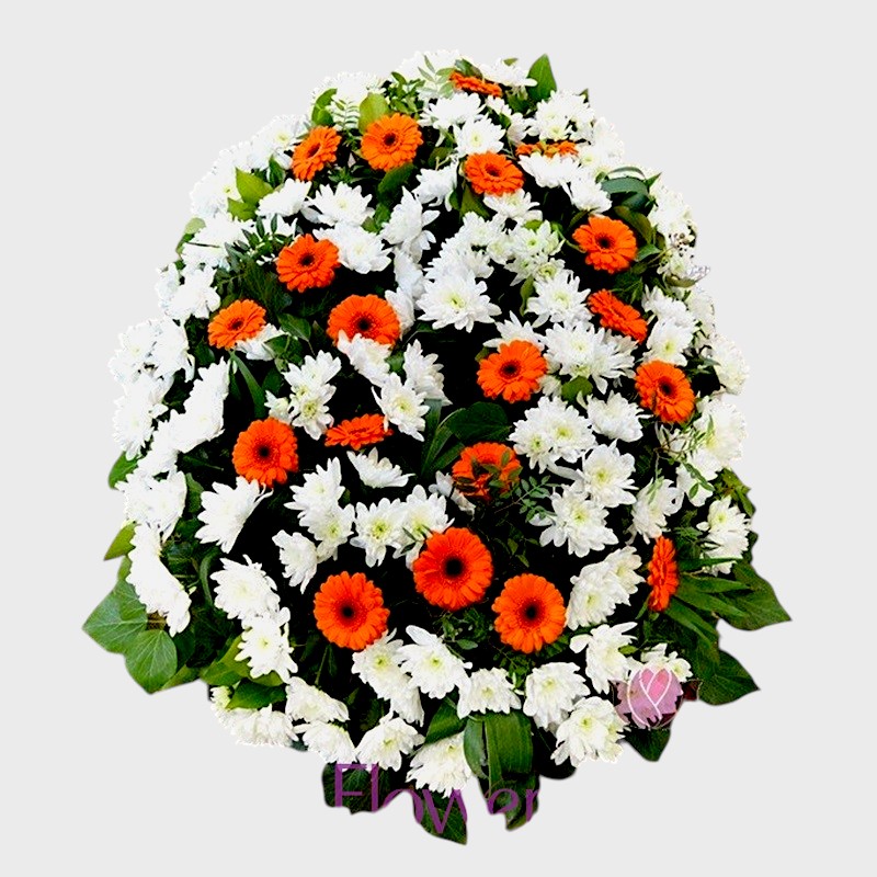 Coroana funerara cu crizanteme albe si gerbera orange