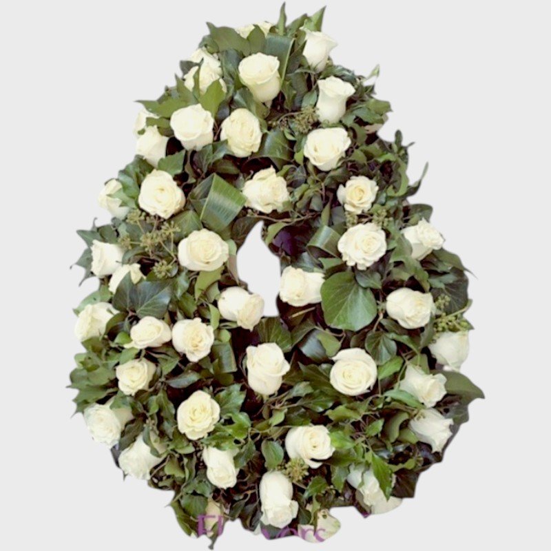 Coroana funerara alba cu 50 trandafiri