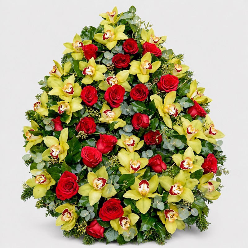 Coroana funerara cu trandafiri rosii si orhidee verde