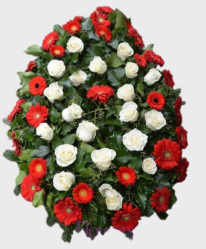 Coroana funerara cu trandafiri si gerbera