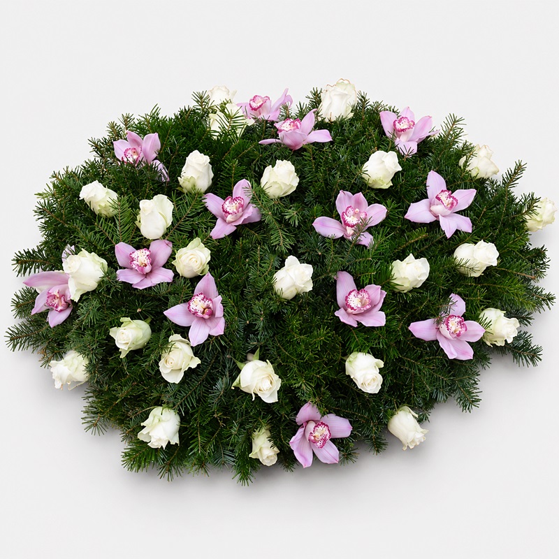 Coroana funerara cu trandafiri si orhidee