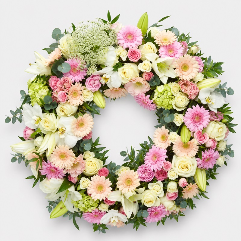 Coroana funerara rotunda cu trandafiri si orhidee