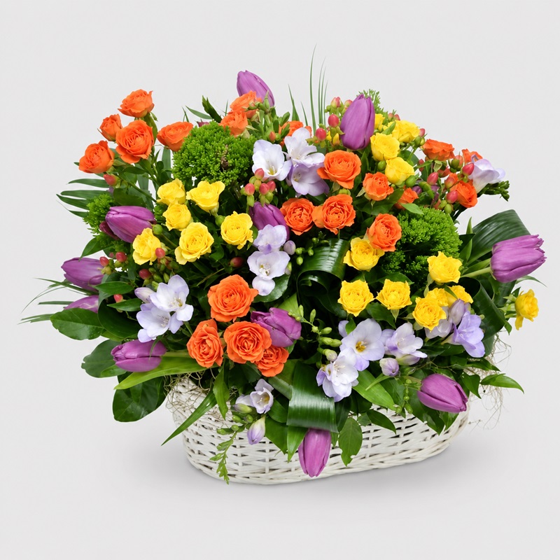 aranjament floral in cos cu miniroze, frezii si lalele