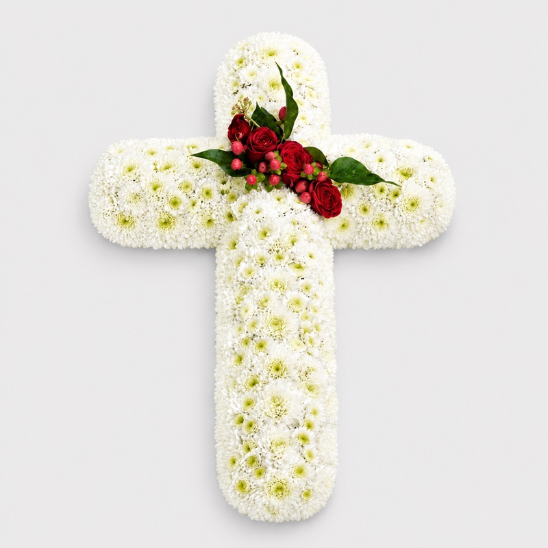 Cruce funerara cu crizanteme si miniroze
