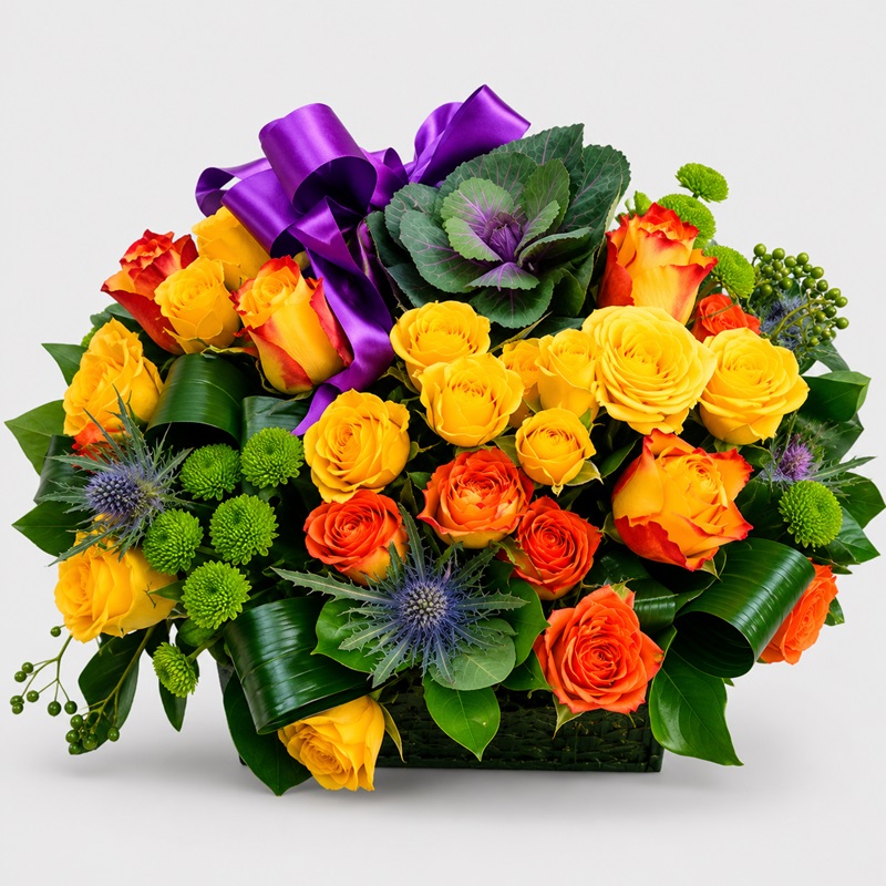 aranjament floral in cufar cu trandafiri si miniroze