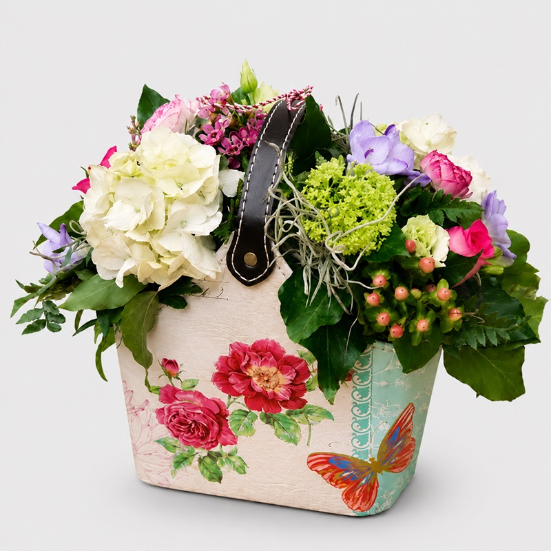 Aranjament floral cu frezii si ranunculus Gentuta Parfumata