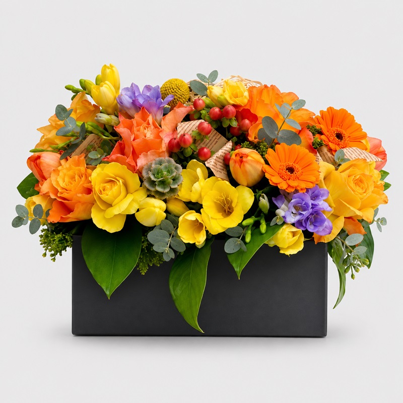 Aranjament floral cu lalele, frezii si trandafiri Gradina Intr-un Cufar