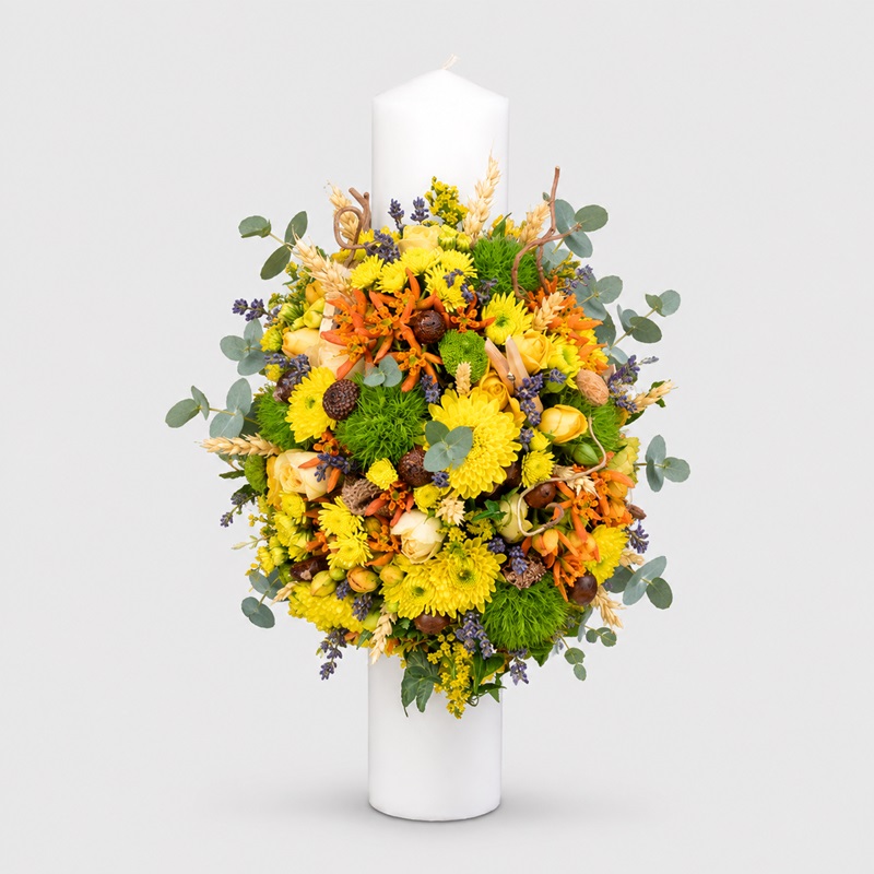Lumanare botez 40 cm cu cizanteme miniroze, asclepias, spice si levantica
