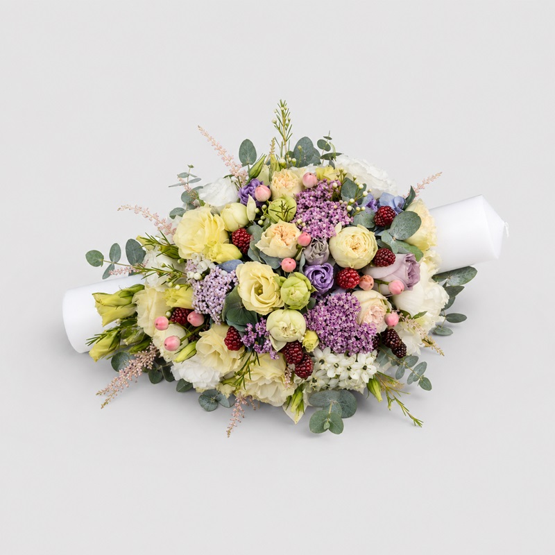 Lumanare botez 40 cm cu hortensie albastra miniroze crem lisianthus si mure