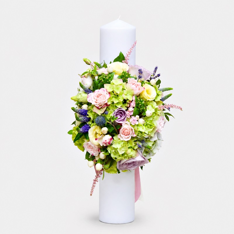 Lumanare botez 40 cm cu hortensii, trandafiri si miniroze
