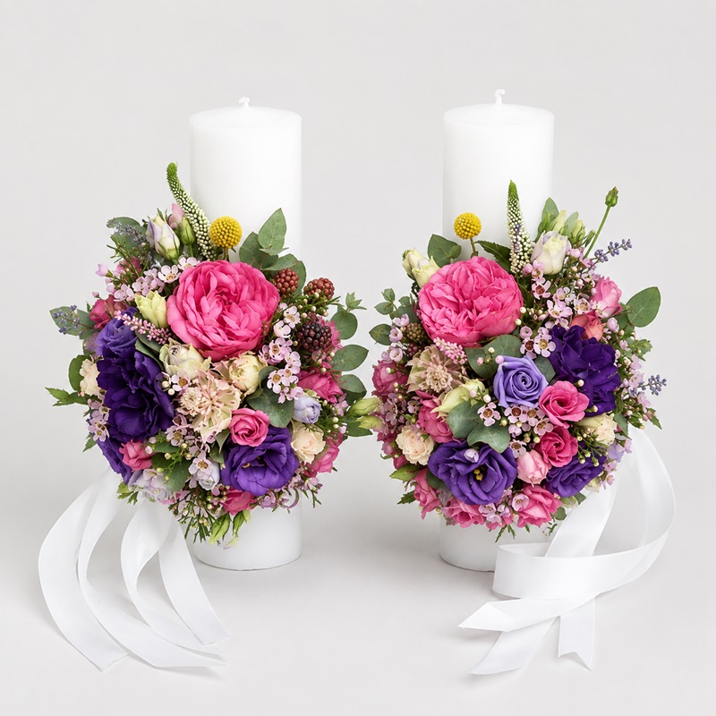 Lumanari nunta 40 cm cu lisianthus si trandafiri piano
