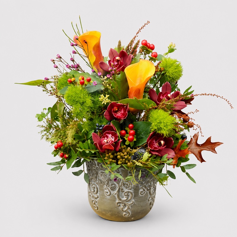 aranjament floral de toamna cu cale si orhidee cymbidium