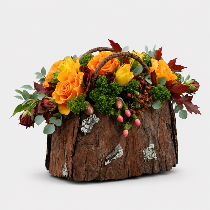 Aranjament floral cu trandafiri si miniroze Trandafiri in scoarta de copac