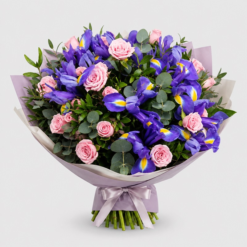 Buchet cadou cu irisi si miniroze