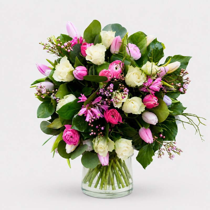 Buchet cadou cu lalele, trandafiri albi si ranunculus