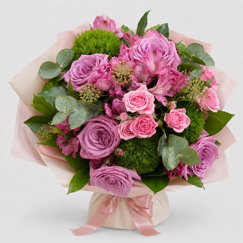 Buchet cadou cu trandafiri lalele si alstroemeria
