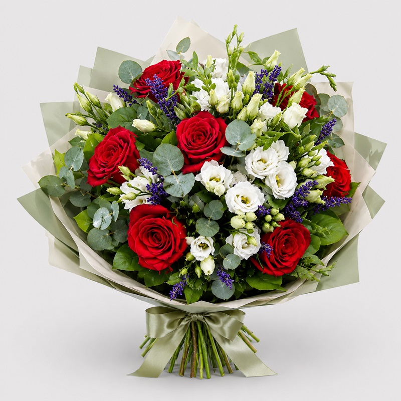 Buchet cadou cu trandafiri lisianthus frezii si levantica
