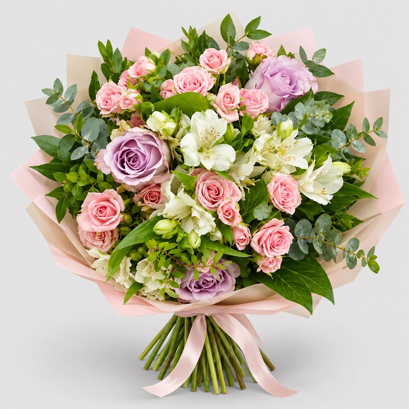 Buchet de flori cu trandafiri si miniroze