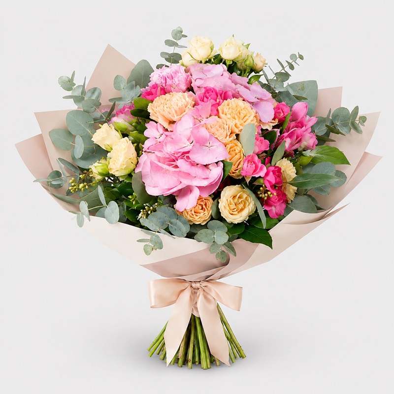 Buchet flori cadou cu hortensii si minirose