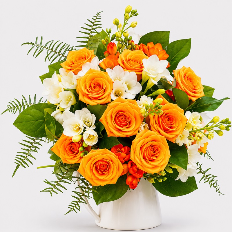 buchet cadou cu frezii albe si trandafiri orange