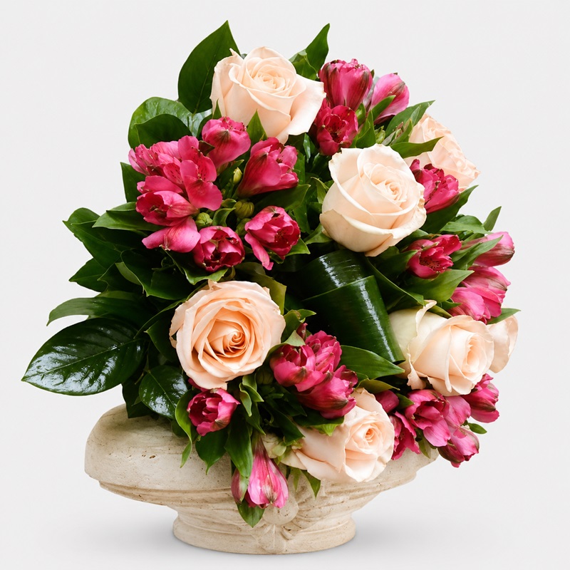 buchet cadou cu trandafiri somon si alstroemeria