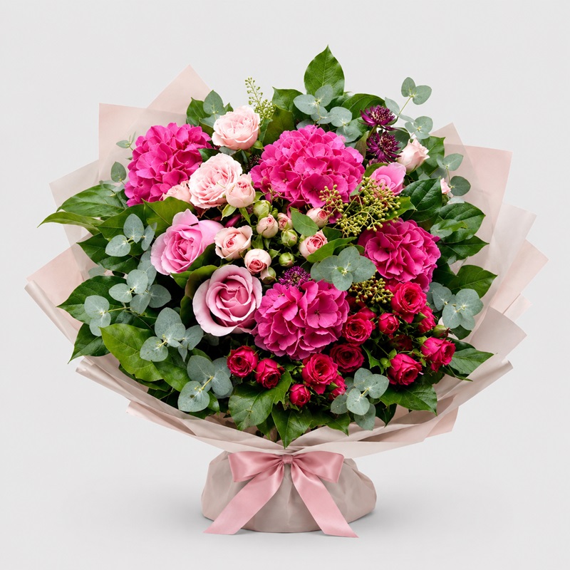 buchet cadou cu hortensii si miniroze incantare