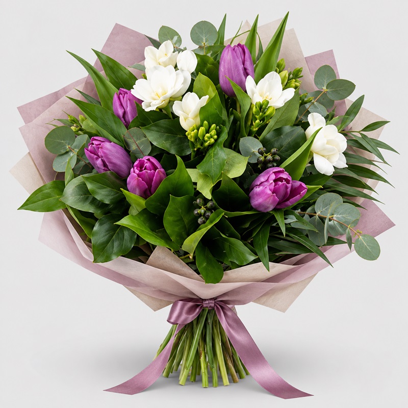 Buchet cadou cu lalele, frezii si ranunculus Noi Inceputuri