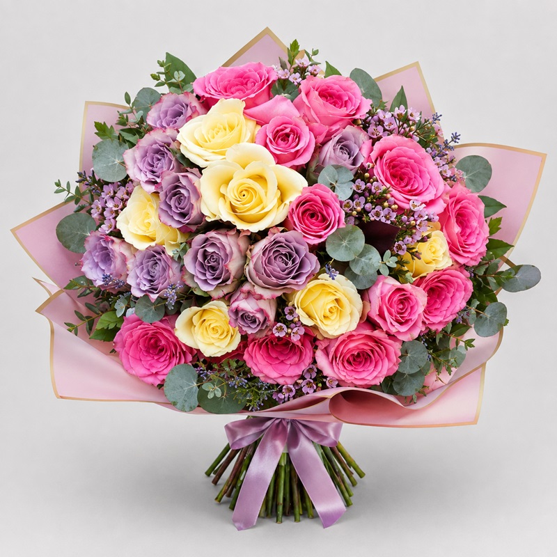 buchet cadou cu 33 trandafiri roz, mov si crem, livrare Bucuresti si Ilfov