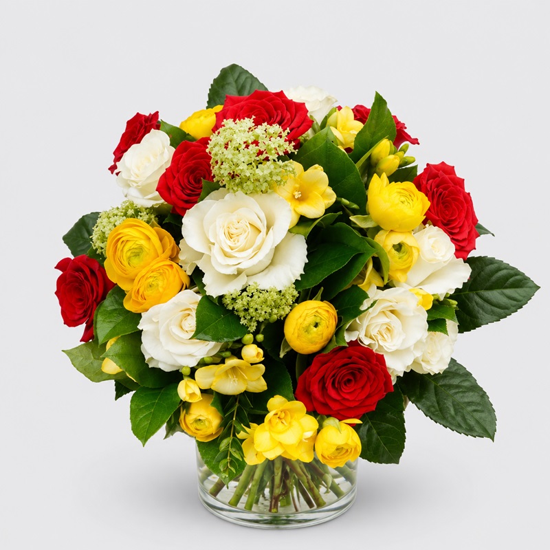Buchet cadou cu trandafir, frezii si ranunculus Soare si Rubine