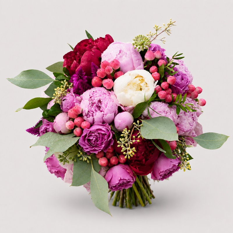Buchet de mireasa cu bujori si miniroze fuchsia Alexia