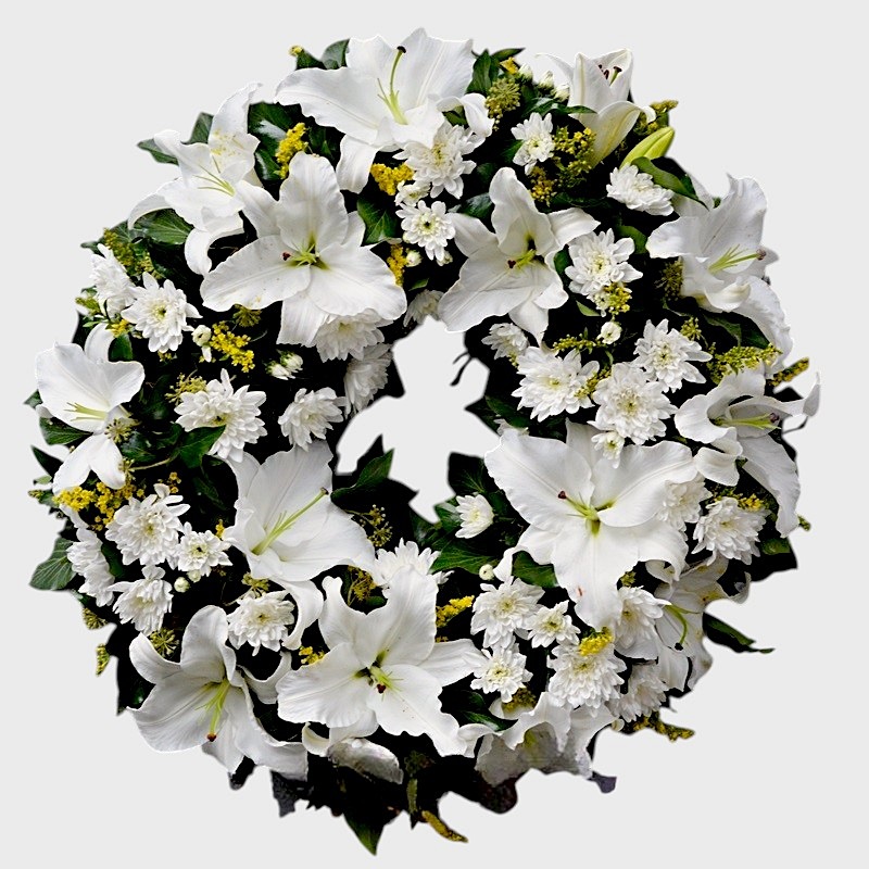 Coroana funerara rotunda cu crini si crizanteme